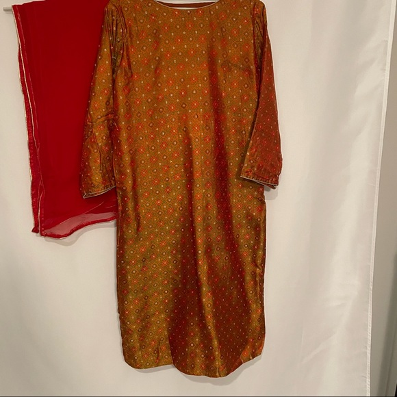 Orange & Green Salwar Kameez Indian 3-Piece Set – Punjab/Pakistan Style - Picture 4 of 8